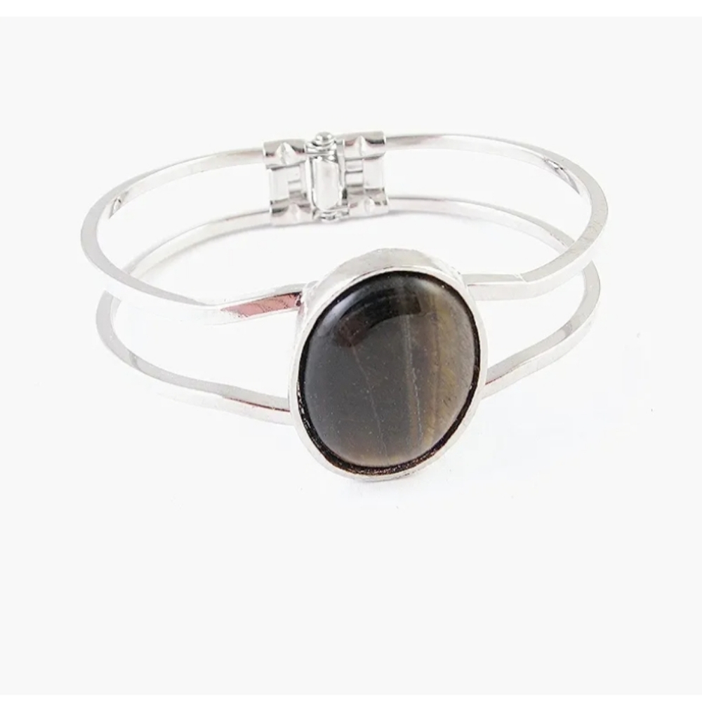 Tiger's Eye Stone Cuff Bangle Silver Toned Bracelet. - Picture 2 of 4